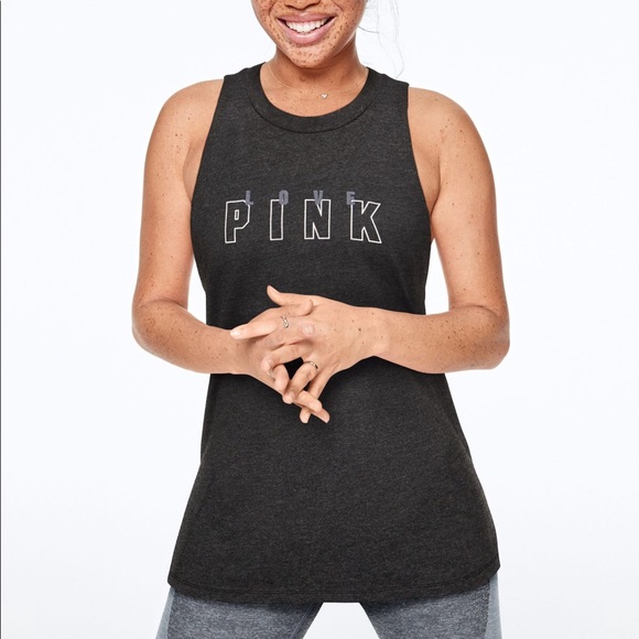 PINK Victoria's Secret Tops - VS PINK “Love Pink” Dark Grey Twisted Back Muscle Tank